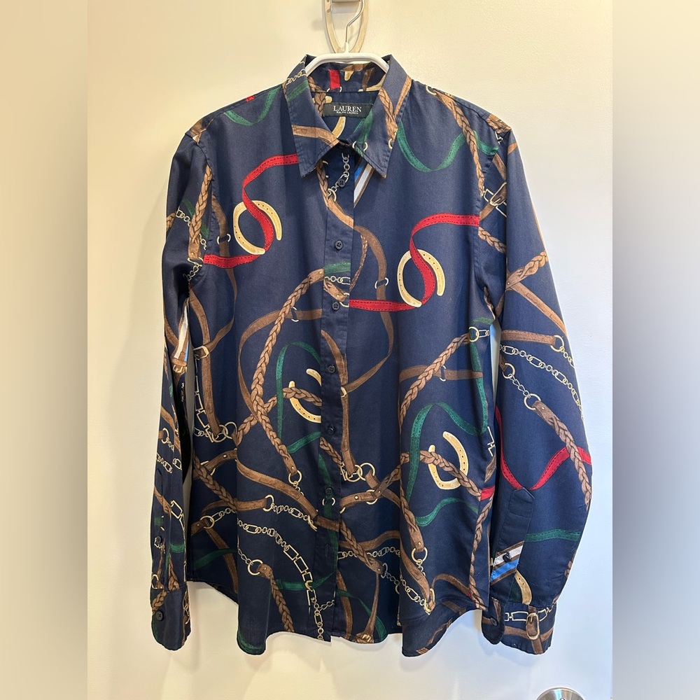 Lauren Ralph Lauren Cotton Sateen Button Down M Navy Equestrian Print